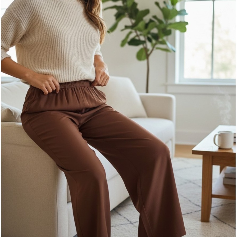 Unbranded Women's Chocolate Brown Casual Wide -Leg Palazzo Pull on Pants- S